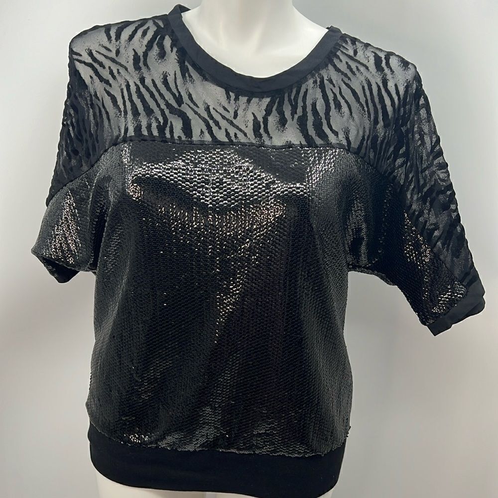 MEK XL black sequin zebra print mesh top